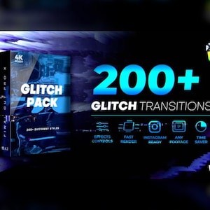 Może przedstawiać: Pakiet produktów cyfrowych z tekstem "GLITCH PACK" i "200+ GLITCH TRANSITIONS" w jasnoniebieskim kolorze. Pakiet zawiera kontrolę efektów, szybkie renderowanie, gotowość do Instagrama, dowolny materiał filmowy i funkcje oszczędzania czasu. Tło jest ciemne z fioletowymi i niebieskimi odcieniami.