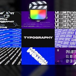 May include: A collage of graphic design elements featuring text like "Typography," "Motion," and "Fast Render." The images use a vibrant color palette with blue, black, and white text. A film clapperboard icon is at the top.