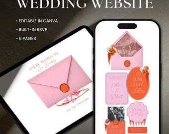 Modèle de site Web de faire-part de mariage numérique floral rose et orange de conte de fées avec RSVP, modifiable sur Canva