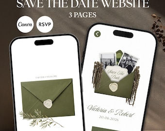 Modèle de site Web de luxe vert olive, réservez une date, faire-part de mariage numérique avec RSVP, modifiable sur Canva
