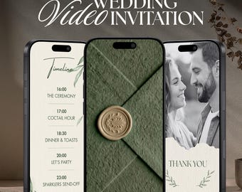 Modèle vidéo numérique vert olive de faire-part de mariage Old Money et musique animée « Réservez la date »