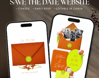 Modèle de site Web « Save the Date » floral orange espagnol, faire-part de mariage numérique avec confirmation de réservation anticipée, modifiable sur Canva
