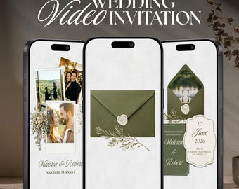 Modèle vidéo vert olive de faire-part de mariage numérique de luxe et musique animée, réservez votre date