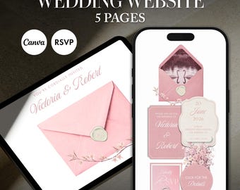 Modèle de site Web de faire-part de mariage numérique rose de luxe avec RSVP, modifiable sur Canva