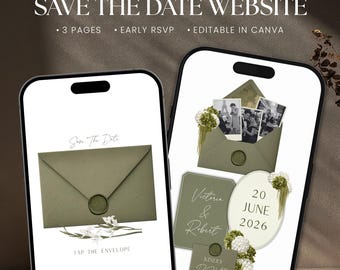 Modèle de site Web « Save The Date » floral vert olive, faire-part de mariage numérique avec confirmation de réservation anticipée, modifiable sur Canva