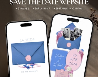 Modèle de site Web « Save the Date » floral rose pastel et bleu, faire-part de mariage numérique avec réponse rapide, modifiable sur Canva