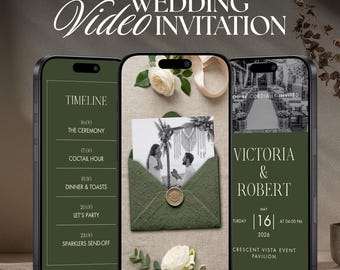 Modèle vidéo numérique vert olive de faire-part de mariage Old Money et musique animée « Réservez la date »