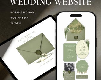 Modèle de site Web de faire-part de mariage numérique floral vert sauge avec RSVP, modifiable sur Canva