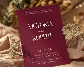 Modèle de faire-part de mariage numérique Bordeaux Old Money, carte « Retenez la date » imprimable