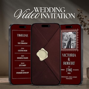 May include: Three smartphones displaying a wedding video invitation. The screens show a timeline, an envelope design with a wax seal, and a photo of a couple. The text "WEDDING Video INVITATION" is at the top.