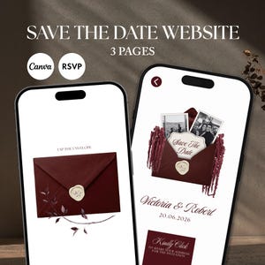 May include: Two smartphones displaying a wedding website design. The design features a burgundy envelope with a gold seal, the text "Save The Date", and the names "Victoria & Robert". The website is for a wedding.