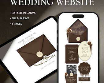 Modèle de site Web de faire-part de mariage numérique floral brun expresso avec RSVP, modifiable sur Canva