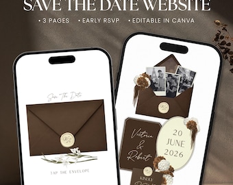 Modèle de site Web « Save the Date » floral brun expresso, faire-part de mariage numérique avec réponse rapide, modifiable sur Canva