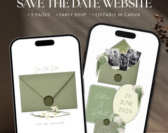 Modèle de site Web « Save the Date » floral vert sauge, faire-part de mariage numérique avec confirmation de disponibilité anticipée, modifiable sur Canva
