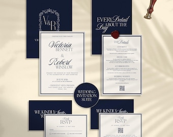 Suite de faire-part de mariage bleu marine Old Money, modèle numérique d'invitation de mariage, modifiable sur Canvas