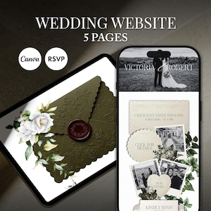 May include: A digital wedding website design displayed on a tablet and smartphone. The tablet shows an olive green invitation with floral details and a wax seal. The phone displays wedding photos and RSVP information. Text includes "WEDDING WEBSITE 5 PAGES".