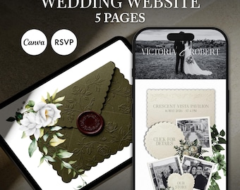 Modèle de site Web de faire-part de mariage numérique blanc et vert olive avec RSVP, modifiable sur Canva