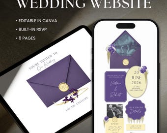 Modèle de site Web de faire-part de mariage numérique floral violet violet avec RSVP, modifiable sur Canva