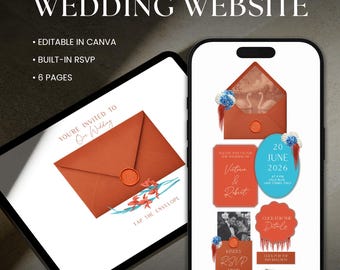 Modèle de site Web de faire-part de mariage numérique floral en terre cuite et turquoise avec RSVP, modifiable sur Canva