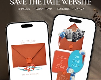 Modèle de site Web « Save The Date » floral, terre cuite et turquoise, faire-part de mariage numérique avec réponse rapide, modifiable sur Canva