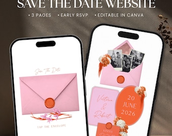 Modèle de site Web « Réservez la date » floral rose et orange de conte de fées, faire-part de mariage numérique avec réponse rapide, modifiable sur Canva