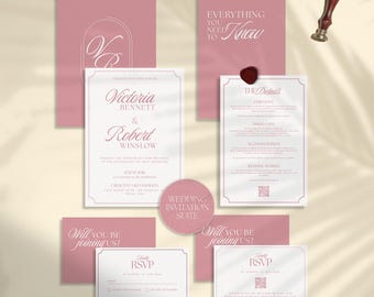 Suite de faire-part de mariage de luxe rose poudré, modèle numérique d'invitation de mariage, modifiable sur Canvas