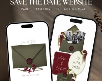 Modèle de site Web « Save the Date » floral vert olive et bordeaux, faire-part de mariage numérique avec réponse rapide, modifiable sur Canva