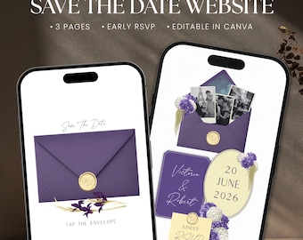 Modèle de site Web « Save The Date » floral violet violet, faire-part de mariage numérique avec réponse rapide, modifiable sur Canva