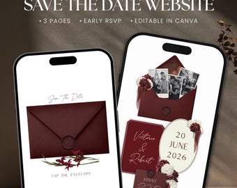 Modèle de site Web "Retenez cette date" floral bordeaux, faire-part de mariage numérique avec confirmation de réservation anticipée, modifiable sur Canva