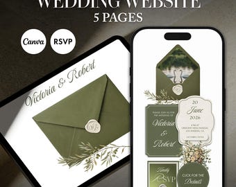 Modèle de site Web de faire-part de mariage numérique vert olive de luxe avec RSVP, modifiable sur Canva