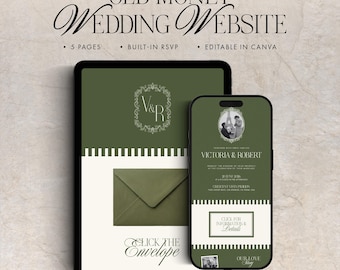 Modèle de site Web de faire-part de mariage numérique vert olive Old Money avec RSVP, modifiable sur Canva