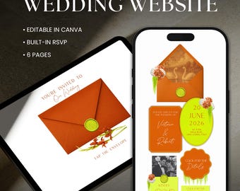 Modèle de site Web espagnol de faire-part de mariage numérique floral orange avec RSVP, modifiable sur Canva