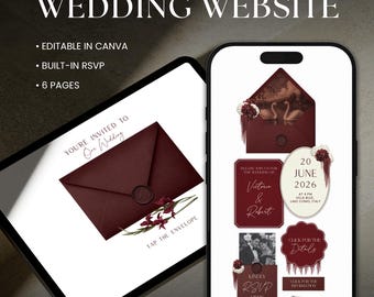Modèle de site Web de faire-part de mariage numérique floral bordeaux avec RSVP, modifiable sur Canva