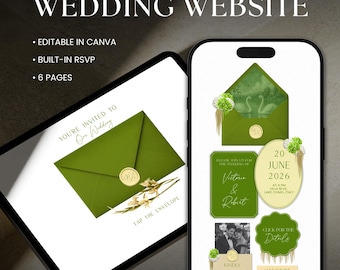 Modèle de site Web de faire-part de mariage numérique floral vert avocat avec RSVP, modifiable sur Canva