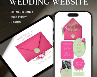 Modèle de site Web de faire-part de mariage numérique floral rose et vert avec RSVP, modifiable sur Canva
