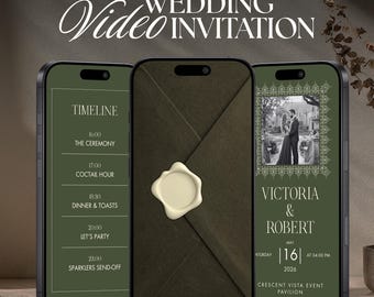 Modèle vidéo numérique vert olive de faire-part de mariage Old Money et musique animée « Réservez la date »