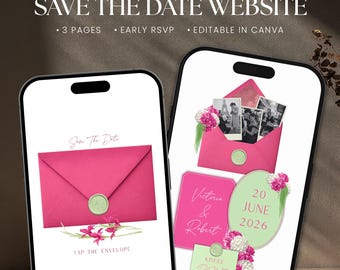 Modèle de site Web « Réservez la date » floral rose, rose et thé vert, faire-part de mariage numérique avec réponse rapide, modifiable sur Canva
