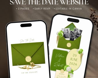Modèle de site Web « Save the Date » floral vert avocat, faire-part de mariage numérique avec confirmation de réservation anticipée, modifiable sur Canva