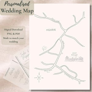 May include: A personalized wedding map with a hand-drawn style, featuring roads, landmarks, and the text "Personalised Wedding Map." The map includes the text "Digital Download PNG & PDF" and is designed to match the wedding theme.