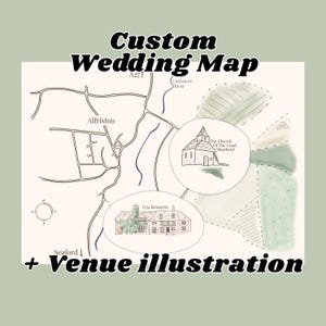Peut inclure: Une illustration de carte de mariage personnalisée avec des dessins au trait noir des routes, de la rivière Cuckmere et de la ville d'Alfriston. Elle comprend des croquis détaillés de The Church of the Good Shepherd et 1354 Brasserie, avec des étiquettes.