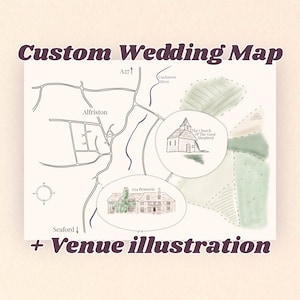 Mapa de boda personalizado dibujado a mano, ilustración personalizada del lugar de la boda, mapa imprimible para invitaciones de boda, descarga digital.