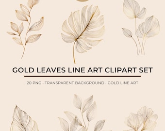 Conjunto de imágenes prediseñadas de arte lineal con hojas doradas / 20 ilustraciones botánicas PNG / Hojas doradas PNG / Imágenes prediseñadas de boda / Diseño botánico minimalista