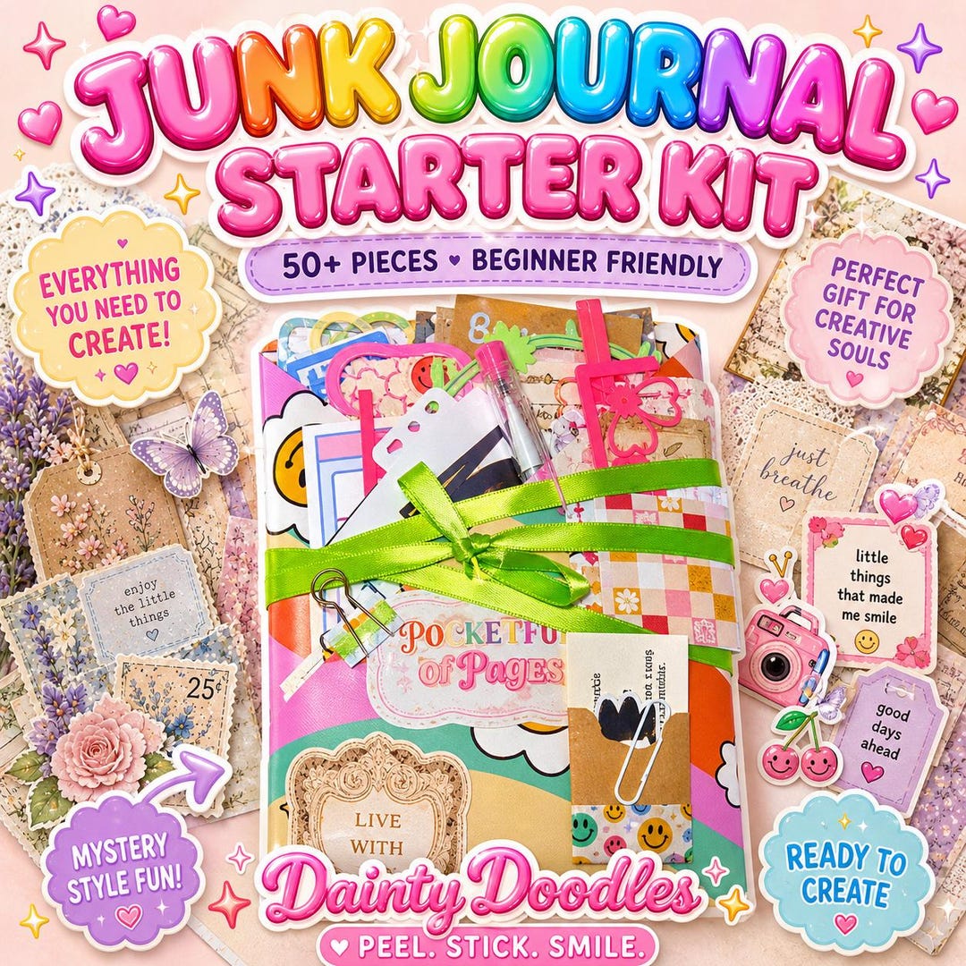Junk Journal Starter Kit | Vintage Kawaii Ephemera Bundle, Dainty Doodles Craft Kit (50+ Pieces ...
