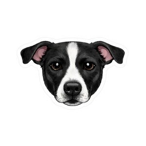 Könnte beinhalten: Ein Aufkleber mit dem Gesicht eines Hundes, überwiegend schwarz und weiß. Der Hund hat braune Augen, eine schwarze Nase und einen weißen Streifen auf der Stirn. Die Ohren sind schwarz mit rosa Innenseiten. Der Aufkleber ist um den Kopf des Hundes herum geschnitten.