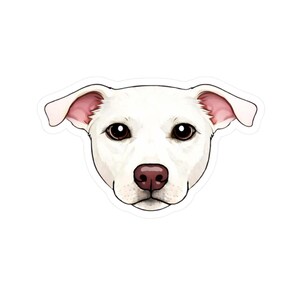 Könnte beinhalten: Ein Aufkleber mit dem Gesicht eines weißen Hundes mit braunen Augen, einer rosa Nase und Ohren. Der Kopf des Hundes ist zentriert und der Aufkleber hat einen weißen Rand.