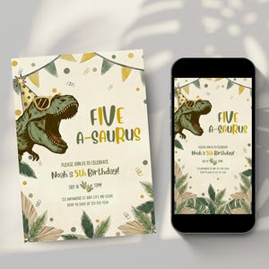 Five A-Saurus Birthday Invitation, Dinosaur 5th Birthday Invite, T-Rex Birthday, Dino Party, Editable Template (Digital Printable)