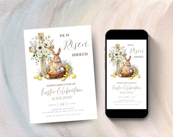 Op de afbeelding: Paasvieringsuitnodiging met een aquarel illustratie. Het ontwerp bevat een kruis, bloemen, een konijn en paaseieren. De tekst luidt "Hij is waarlijk verrezen" en details voor een paasviering en eierjacht.