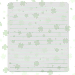 May include: A St. Patrick's Day themed notepad with the word "NOTES" in green block letters at the top. The lined paper has a light green clover pattern. Four cartoon gnomes are at the bottom, each with a different hat and holding a clover or horseshoe.