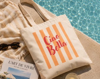 Bolso tote italiano / Bolso tote de lona Ciao Bella / Bolso de playa de verano / Bolso tote para la piscina / Bolso tote de vacaciones adorable / Bolso con estética italiana