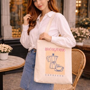 Buongiorno Espresso Tote Bag - Italian Coffee Canvas Bag, Café Aesthetic Shopper, Minimal Moka Pot Tote, Market Bag Gift